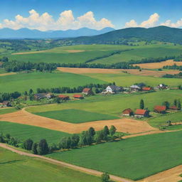 A picturesque view of 'Stardew Valley' showing verdant fields, quaint farm buildings, cattle grazing under clear blue skies, and crops growing all around.