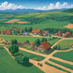 A picturesque view of 'Stardew Valley' showing verdant fields, quaint farm buildings, cattle grazing under clear blue skies, and crops growing all around.