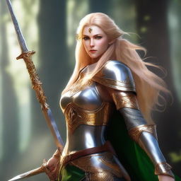 A majestic high elf woman fighter with golden hair and piercing green eyes