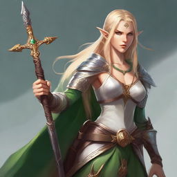 A majestic high elf woman fighter with golden hair and piercing green eyes