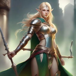 A majestic high elf woman fighter with golden hair and piercing green eyes