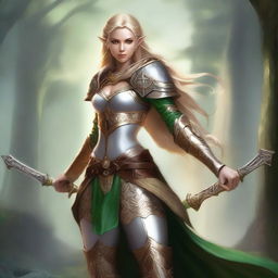 A majestic high elf woman fighter with golden hair and piercing green eyes