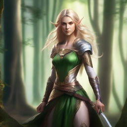 A high elf woman fighter with golden hair and green eyes, holding a bow in her hand