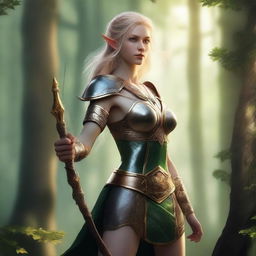 A high elf woman fighter with golden hair and green eyes, holding a bow in her hand