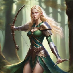 A high elf woman fighter with golden hair and green eyes, holding a bow in her hand