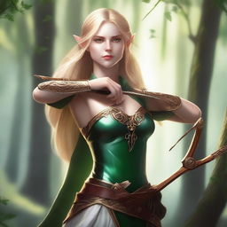 A high elf woman fighter with golden hair and green eyes, holding a bow in her hand