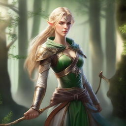 A high elf woman fighter with golden hair and green eyes, holding a bow in her hand