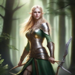 A high elf woman fighter with golden hair and green eyes, holding a bow in her hand