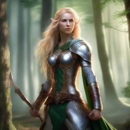 A high elf woman fighter with golden hair and green eyes, holding a bow in her hand