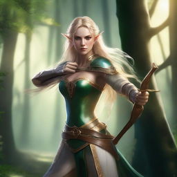 A high elf woman fighter with golden hair and green eyes, holding a bow in her hand