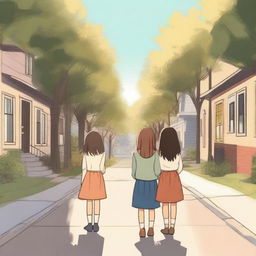 Two girls stand with their backs to each other on a street where there are houses on both sides