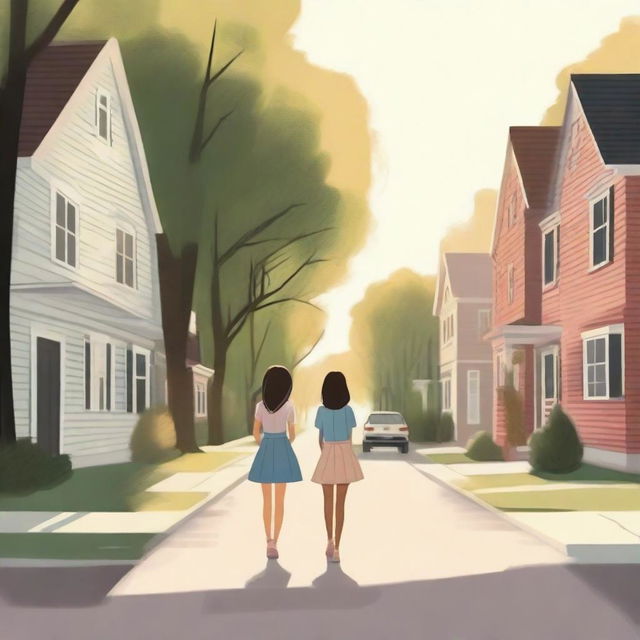 Two girls stand with their backs to each other on a street where there are houses on both sides