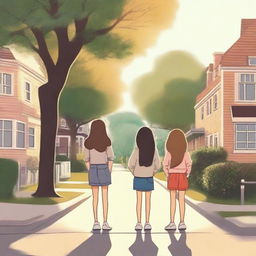 Two girls stand with their backs to each other on a street where there are houses on both sides