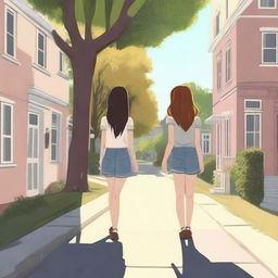 Two girls stand with their backs to each other on a street where there are houses on both sides