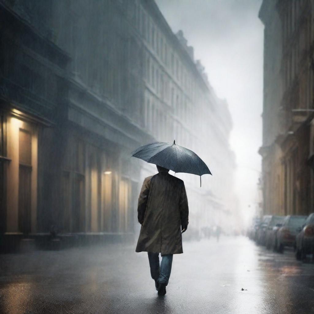 Create a book cover featuring a man walking through a stormy street, with dark clouds and rain