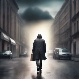 Create a book cover featuring a man walking through a stormy street, with dark clouds and rain