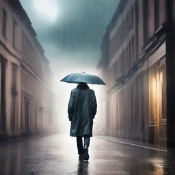 Create a book cover featuring a man walking through a stormy street, with dark clouds and rain