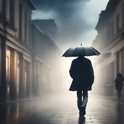 Create a book cover featuring a man walking through a stormy street, with dark clouds and rain