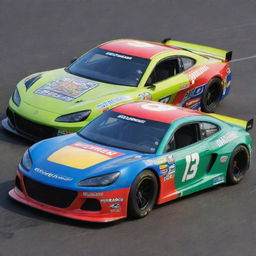 A Lotus car reimagined in a NASCAR style, featuring vibrant colors, racing modifications, and decorated with several sponsor decals.