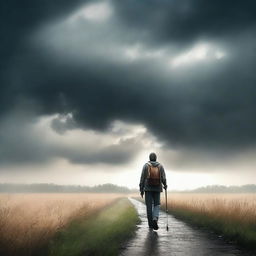 Create a book cover featuring a man with crutches walking through a stormy countryside