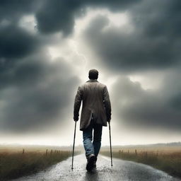 Create a book cover featuring a man with crutches walking through a stormy countryside