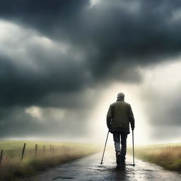 Create a book cover featuring a man with crutches walking through a stormy countryside