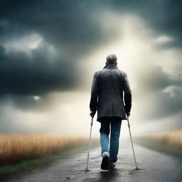 Create a book cover featuring a man with crutches walking through a stormy countryside