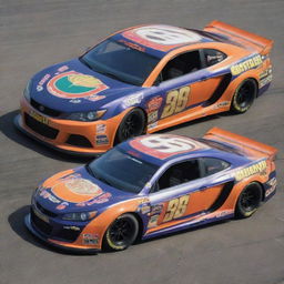 A Lotus car reimagined in a NASCAR style, featuring vibrant colors, racing modifications, and decorated with several sponsor decals.