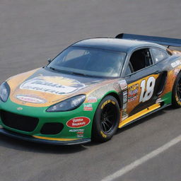 A Lotus car reimagined in a NASCAR style, featuring vibrant colors, racing modifications, and decorated with several sponsor decals.