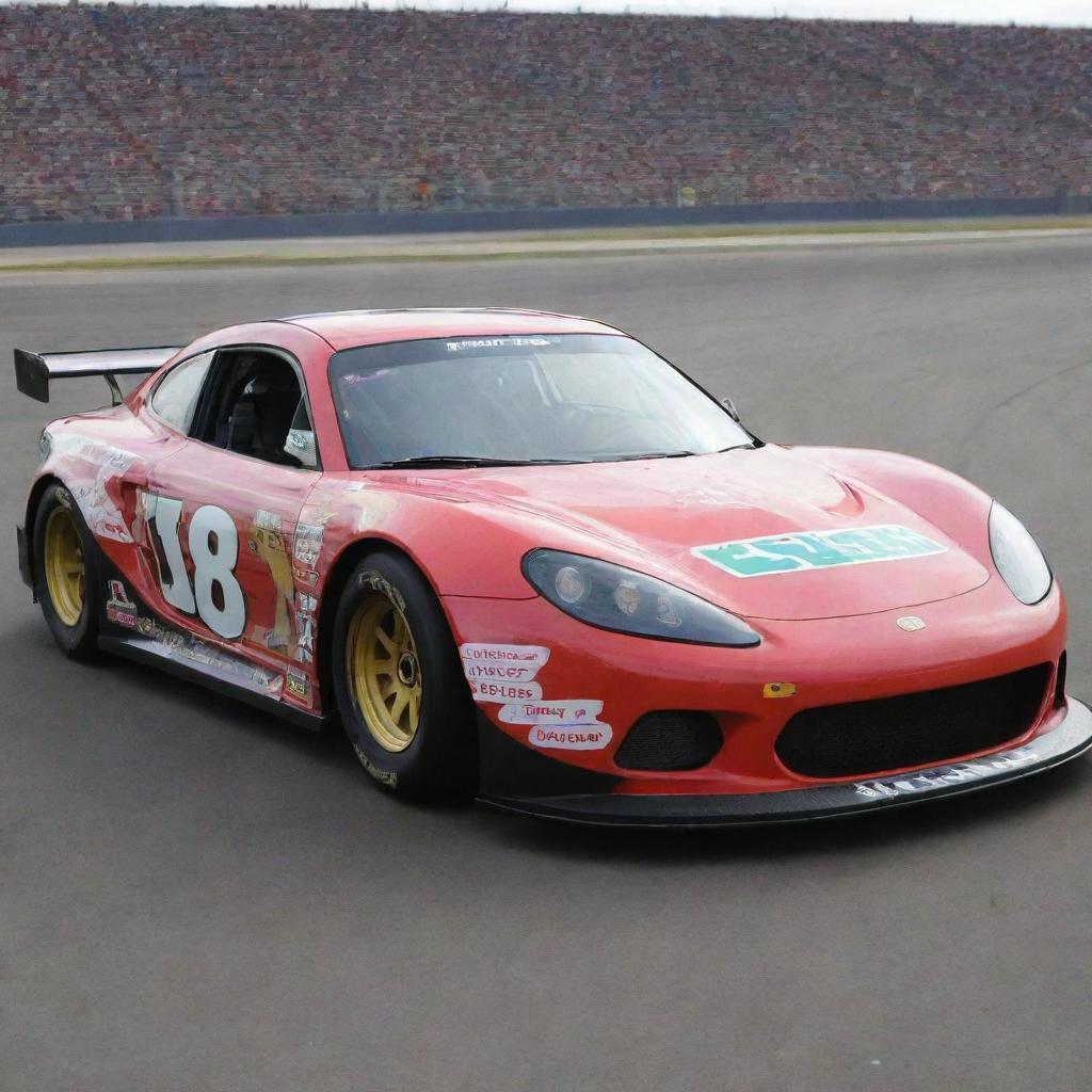 A Lotus car reimagined in a NASCAR style, featuring vibrant colors, racing modifications, and decorated with several sponsor decals.