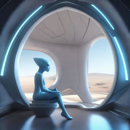 An alien woman with pale blue skin, very human-like, with a beauty to behold, sitting on the lounge of a starship