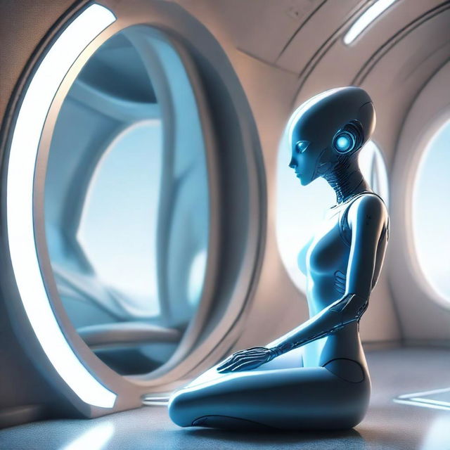 An alien woman with pale blue skin, very human-like, with a beauty to behold, sitting on the lounge of a starship