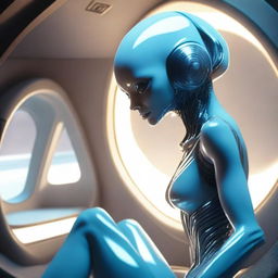 An alien woman with pale blue skin, very human-like, with a beauty to behold, sitting on the lounge of a starship