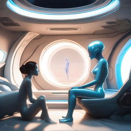 A human-like alien woman with pale blue skin, radiating beauty, sitting on the lounge of a starship