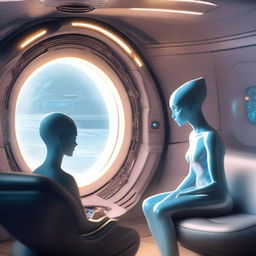 A human-like alien woman with pale blue skin, radiating beauty, sitting on the lounge of a starship