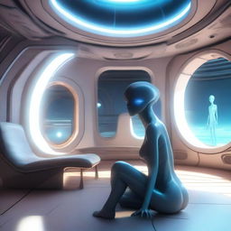 A human-like alien woman with pale blue skin, radiating beauty, sitting on the lounge of a starship