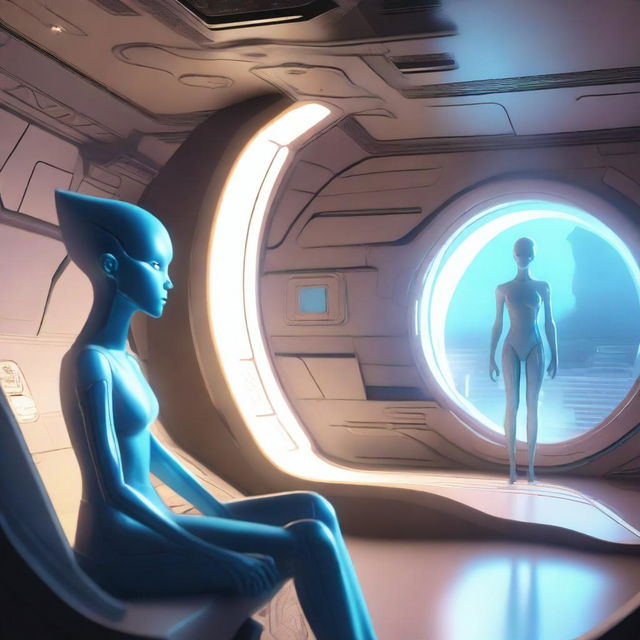 A human-like alien woman with pale blue skin, radiating beauty, sitting on the lounge of a starship