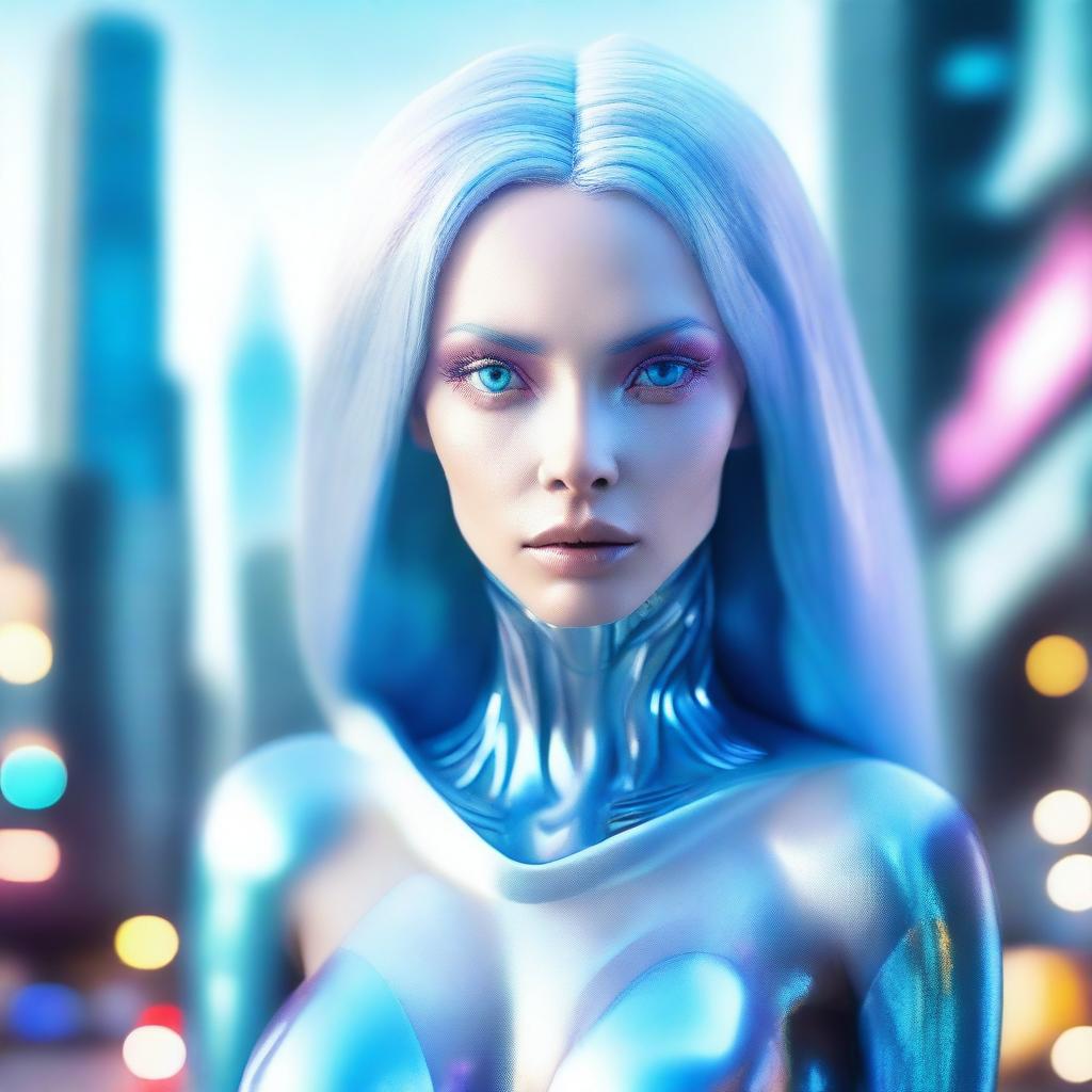 A stunning alien woman who looks mostly human, with pale blue skin and an extremely attractive appearance