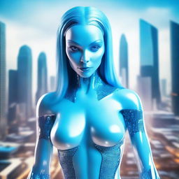 A stunning alien woman who looks mostly human, with pale blue skin and an extremely attractive appearance