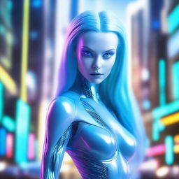 A stunning alien woman who looks mostly human, with pale blue skin and an extremely attractive appearance