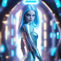 A stunning alien woman who looks mostly human, with pale blue skin and an extremely attractive appearance