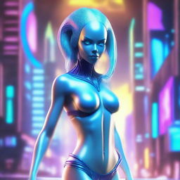 A stunning alien woman who looks mostly human, with pale blue skin and an extremely attractive appearance