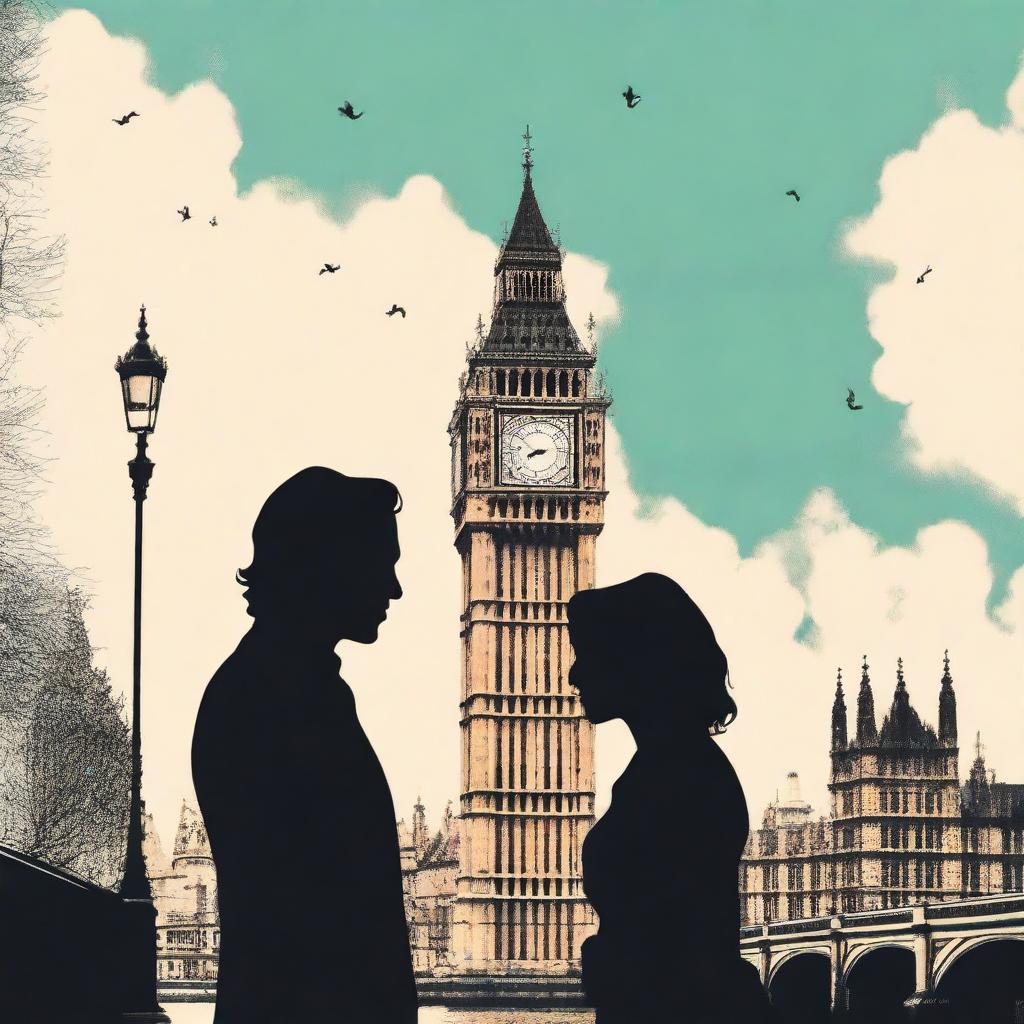 Create a Wattpad book cover featuring the silhouettes of Adam Driver and Jennifer Jason Leigh kissing in London