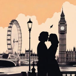 Create a Wattpad book cover featuring the silhouettes of Adam Driver and Jennifer Jason Leigh kissing in London