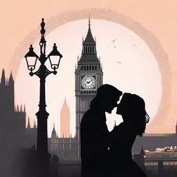 Create a Wattpad book cover featuring the silhouettes of Adam Driver and Jennifer Jason Leigh kissing in London