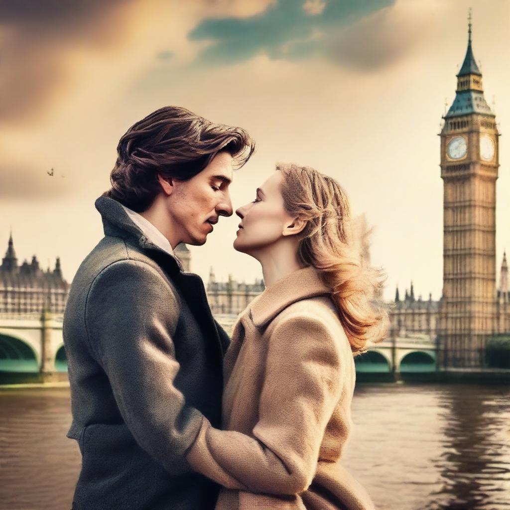 Create a romantic Wattpad book cover featuring Adam Driver and Jennifer Jason Leigh sharing a kiss in a picturesque London setting