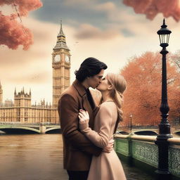 Create a romantic Wattpad book cover featuring Adam Driver and Jennifer Jason Leigh sharing a kiss in a picturesque London setting