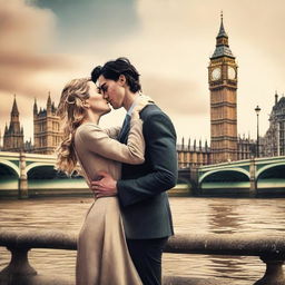 Create a romantic Wattpad book cover featuring Adam Driver and Jennifer Jason Leigh sharing a kiss in a picturesque London setting