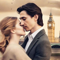 Create a romantic Wattpad book cover featuring Adam Driver and Jennifer Jason Leigh sharing a kiss in a picturesque London setting