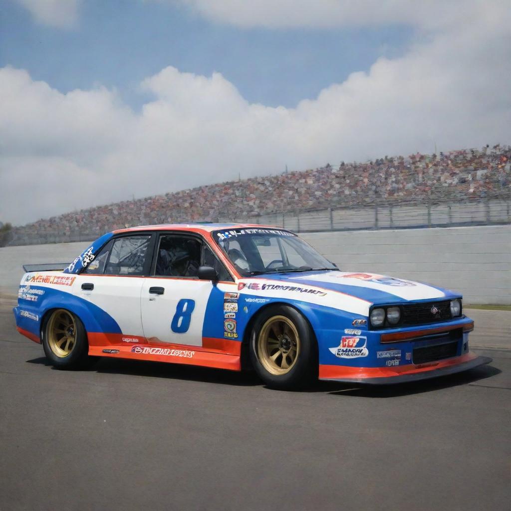 A Lada car redesigned in the NASCAR aesthetic, with striking colors, race-specific modifications, and festooned with a variety of sponsor logos.